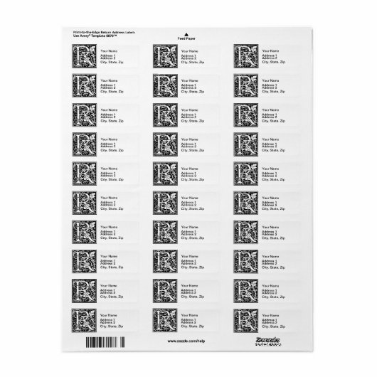 Brief R Middeleeuws Monogram Art Nouveau Etiket (Full Sheet)
