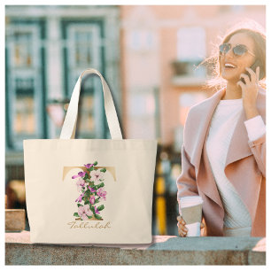 Brief T Elegant Floral Gold Monogram Grote Tote Bag