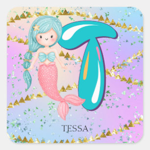 Brief T Monogram Waterverf Cute Mermaid Nursery Vierkante Sticker