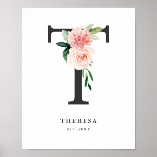 Brief T Monogram Waterverf Peach Florals Nursery Poster