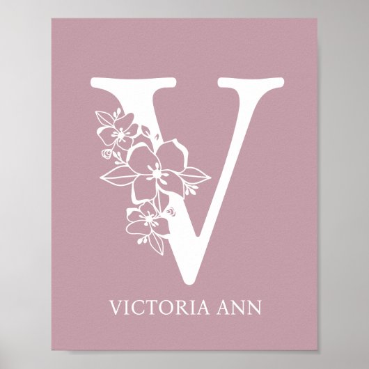 Brief V Floral Monogram Naam Nursery Modern Poster (Voorkant)