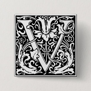 Brief V Middeleeuws Monogram Art Nouveau Vierkante Button 5,1 Cm
