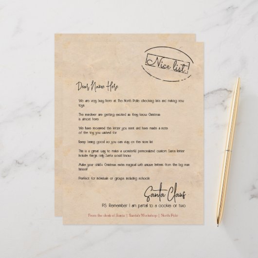 Brief van de bureau van de Santa Personalized (Voorkant / Achterkant in situ)