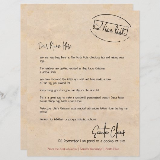 Brief van de bureau van de Santa Personalized (Voorkant / Achterkant)