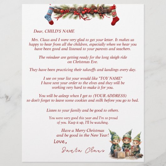 Brief van de Kerstman Elfjes Kousen Guirlande (Voorkant)