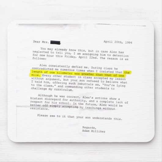 Brief van de leraar: "Accepteer mijn lerarenopleid Muismat (Voorkant)