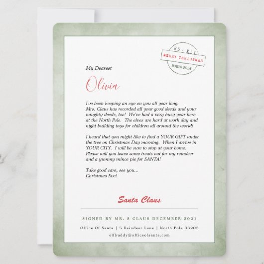 Brief van Santa North Pole Feestdagenkaart (Voorkant)