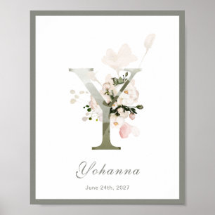 Brief Y Monogram Pink Floral Nursery Poster