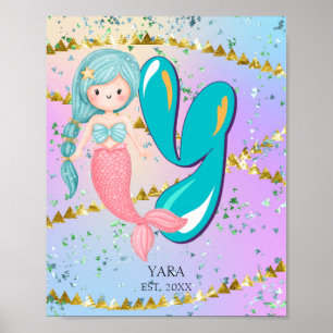 Brief Y Monogram Waterverf Cute Mermaid Nursery Poster