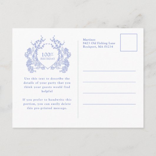 BRIEFKAART 100TH Verjaardag Blauw Bloemkam Uitnodi (Achterkant)