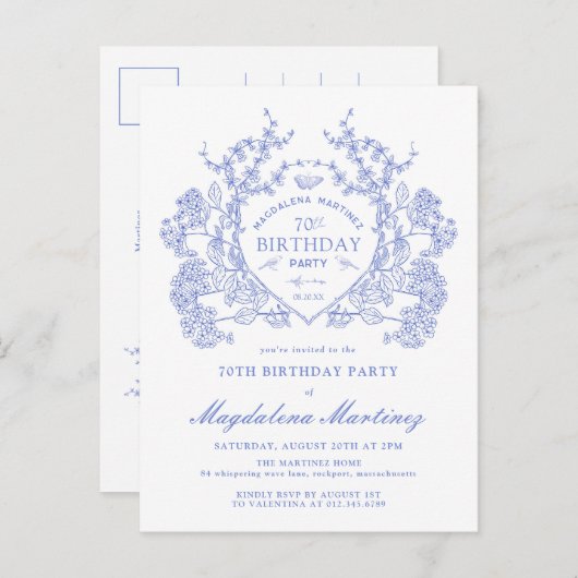 BRIEFKAART 70E Verjaardag Blue Floral Crest Uitnod (Voorkant / Achterkant)