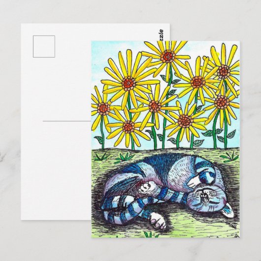 Briefkaart blauwe kat en gele bloemen (Voorkant / Achterkant)