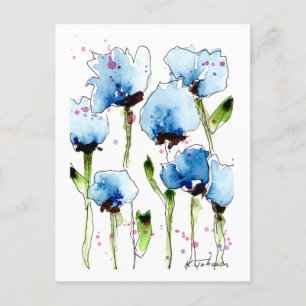 Briefkaart Blauwe Waterverf bloemen