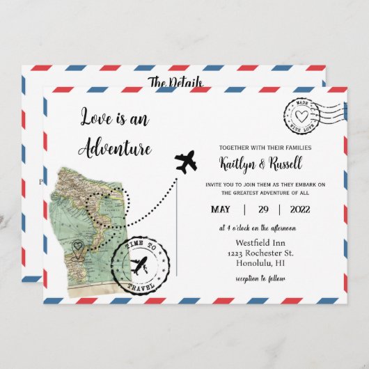 Briefkaart bruiloft uitnodiging - Bestemming bruil (Voorkant / Achterkant)