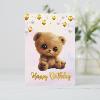 Briefkaart Happy Birthday met een teddybeer.