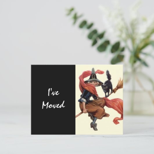 Briefkaart  heks op bezem verplaatst nieuw adres (Staand voorkant)