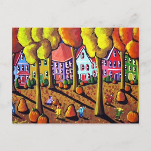 Briefkaart Kinder Raking Leaves