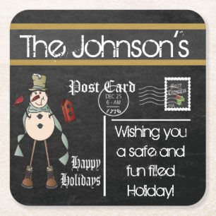 Briefkaart Krijtbord Sneeuwman - Blauw Vierkante Kartonnen Onderzetter
