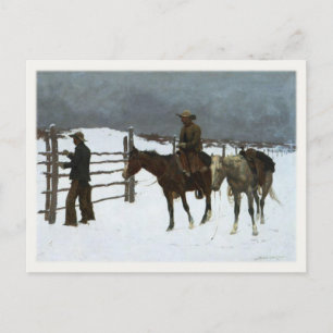 Briefkaart kunst met cowboys in de sneeuw