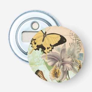  Briefkaart met Butterflies en Flowers Button Flesopener