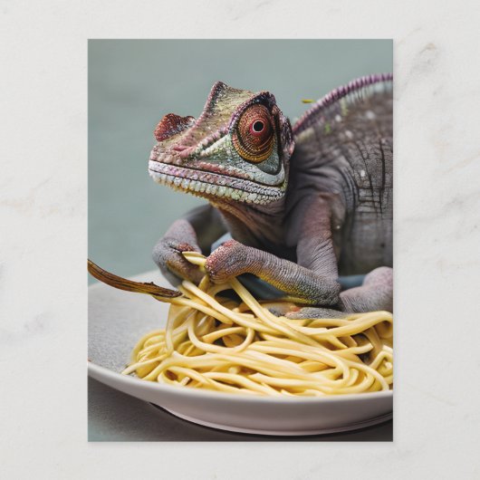 Briefkaart met chameleon Eating Spaghetti (Voorkant)