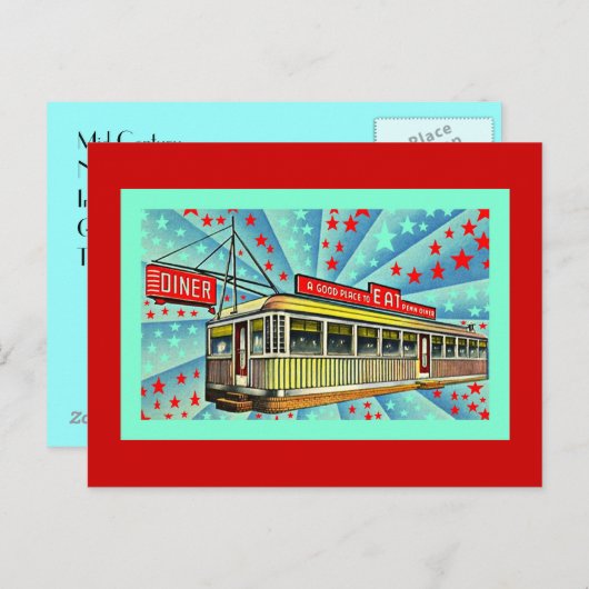 Briefkaart met gestyliseerde Retro Googie Mid-Cent (Voorkant / Achterkant)