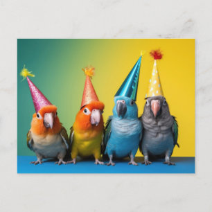 Briefkaart met papegaaien met Party Petten op