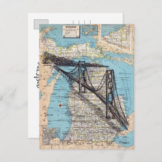 Briefkaart Michigan Map Art (Alternate Back) (Voorkant / Achterkant)