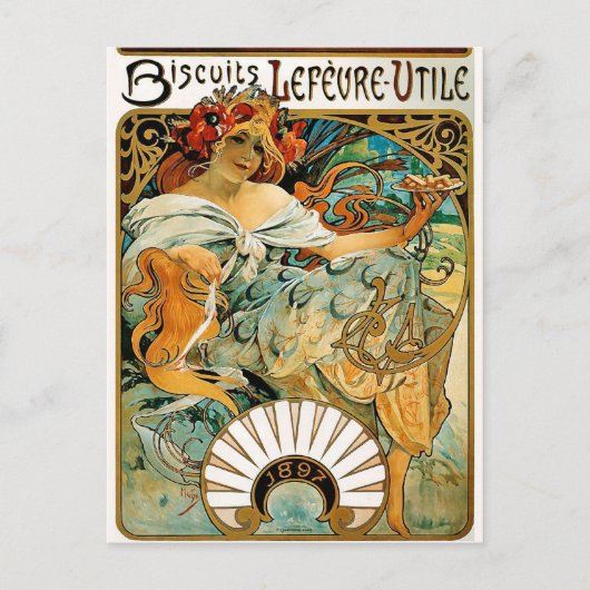 Briefkaart: Mucha - Biscuits Lefevre Utile Briefkaart (Voorkant)