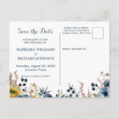 Briefkaart Navy Blue Sunflower Floral Save Date (Achterkant)