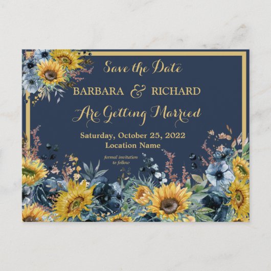 Briefkaart Navy Blue Sunflower Floral Save Date (Voorkant)