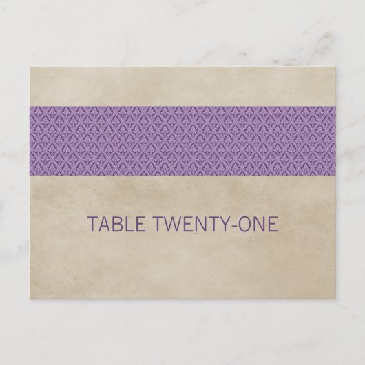 Briefkaart Paarse Rustic Damask Table Number (Voorkant)