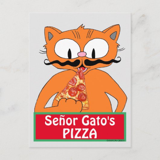 Briefkaart - Pizza Funny Mustache Cat van Señor Ga (Voorkant)