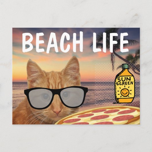 Briefkaart PIZZA GINGER CAT BEACH SUNGLASSEN (Voorkant)