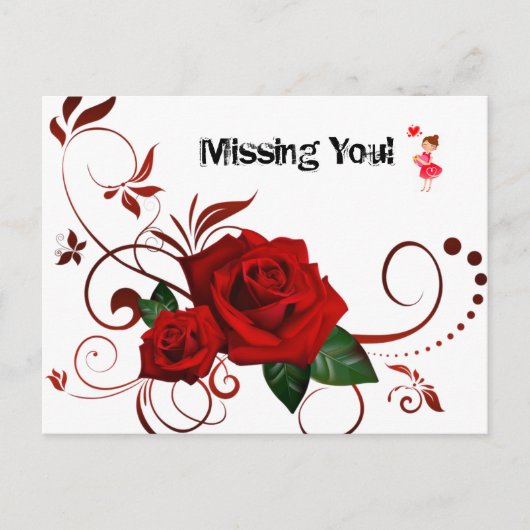 Briefkaart Red Rose Red Hearts Missing youI (Voorkant)