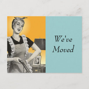Briefkaart  Retro bezig met schoonmaken Nieuw adre