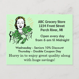 Briefkaart  Retro Happy Lady Money Savings