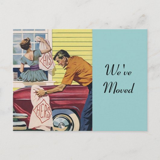 Briefkaart retro paar verhuizen in verplaatst nieu (Voorkant)
