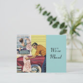 Briefkaart retro paar verhuizen in verplaatst nieu (Staand voorkant)