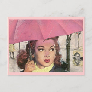 Briefkaart Retro Rainy Day douche & een roze umbre