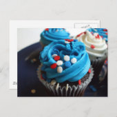 Briefkaart rode, witte en blauwe cupcakes (Voorkant / Achterkant)