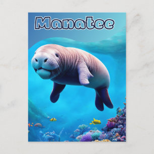 Briefkaart uit Florida, Cute Manatee in deep Ocean