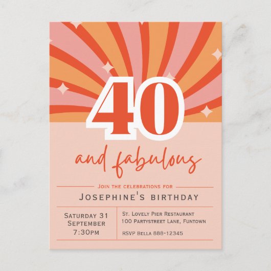 Briefkaart Uitnodiging "40 en fabulous", retro per (Voorkant)