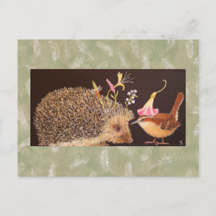 Briefkaart van egel en caroliniewren