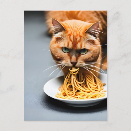 Briefkaart van gemberkat dat spaghetti eet (Voorkant)