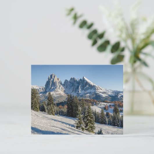 Briefkaart van het winterlandschap Alpe di Siusi (Staand voorkant)