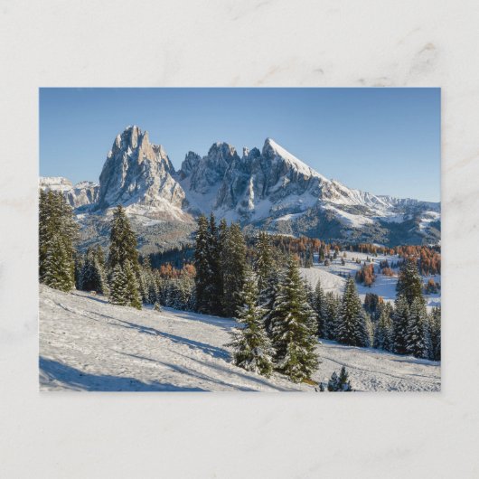 Briefkaart van het winterlandschap Alpe di Siusi (Voorkant)