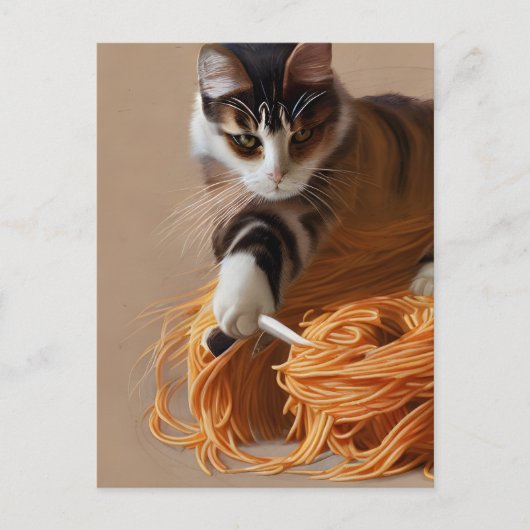 Briefkaart van kat-etensspaghetti (Voorkant)