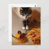 Briefkaart van kat-etensspaghetti (Voorkant / Achterkant)