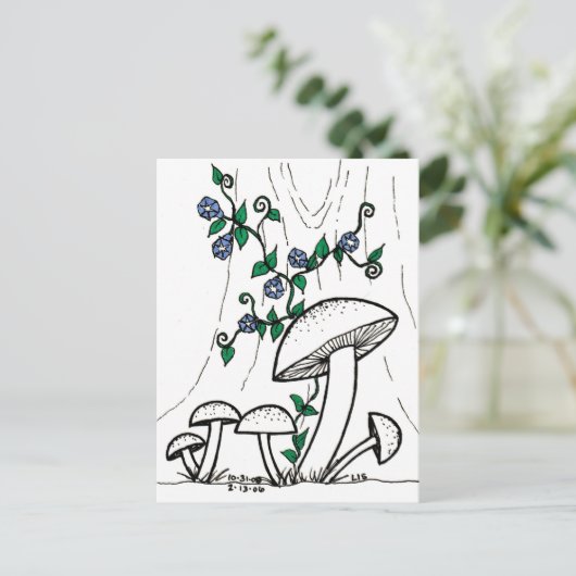 Briefkaart van paddenstoelen en blikjes (Staand voorkant)